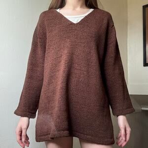 Vintage August Silk Brown V-Neck Knit Sweater XL Cottagecore Lagenlook